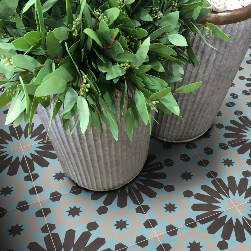 Agdal 8" x 8" Cement Patterned Wall & Floor Tile, Blue/Gray/Black