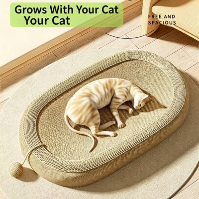 Extra-large 24.02in fully padded cat scratching post, cat bed in one unit, hairless oval cat scratching mat, with hanging toy ball