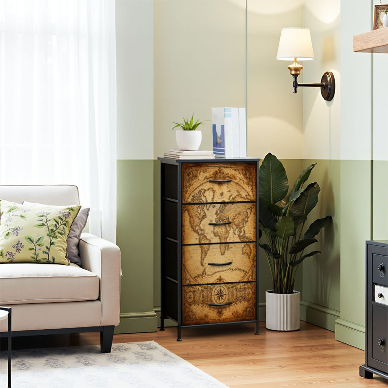 Commode 4 tiroirs pour chambre à coucher, commode étroite, plateau en bois et structure en fer 18 "x 37,5" - (H x H) - avec impression de carte du monde rétro