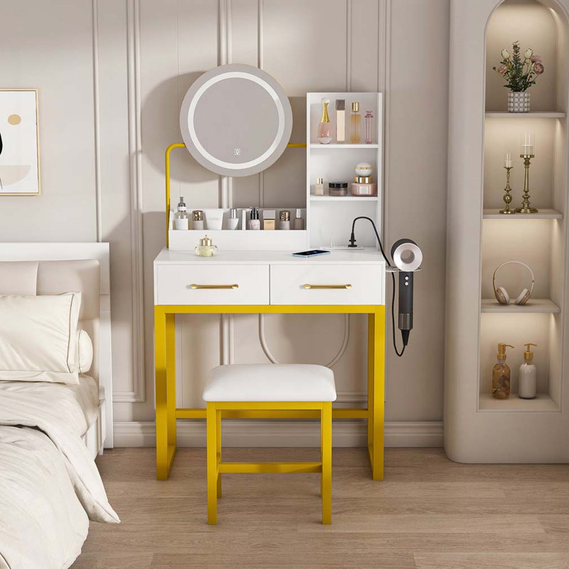 Makeup Vanity with LED Lights&3 Color and Power Outlet Makeup Vanity Table with 2 big Drawers with Sturdy Metal Leg and Metal Chair Dressing Table