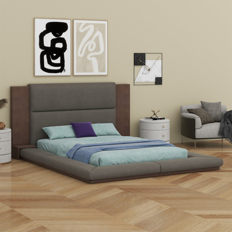 Floor Upholstered Platform Bed With Extended Wood Headboard & Bedside Shelf, Queen