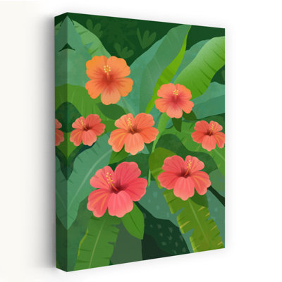Illustration murale abstraite et colorée représentant une fleur d'hibiscus, avec un feuillage floral et des motifs floraux.