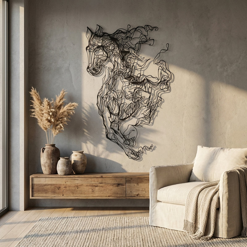 Décoration murale cheval en métal - dessin au trait, H 39 po x l 24 po x P 1 po