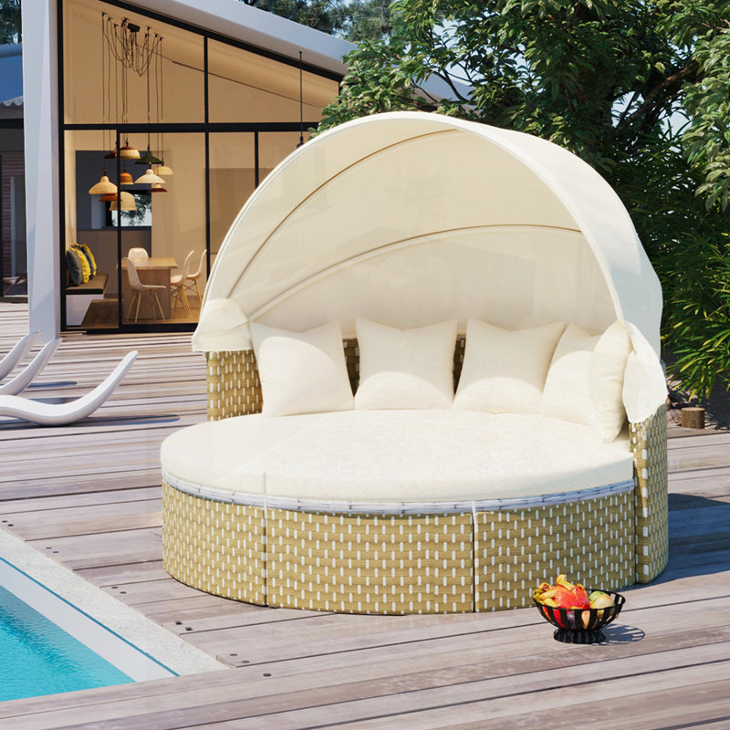 Rattan Daybed Two-Tone Weave Sunbed with Retractable Canopy, Beige, Natural