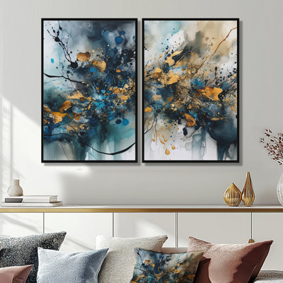Blue Gold Captivating Liquid Ink - Modern Art Prints On Canvas 2 Pieces