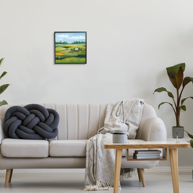 «Peaceful Farmland Fields Greenery» par Grace Popp - Peinture, Giclée encadrée noir minuit, H 12 po x l 12 po x P 1,5 po