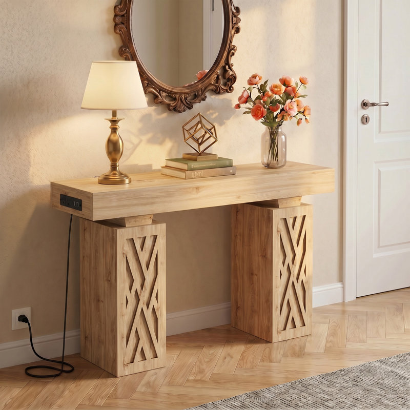 47" Console Table With Reversible Outlets & RGB Light, Thick Entryway Table With Hollow Carved Storage Legs, Beige Wood