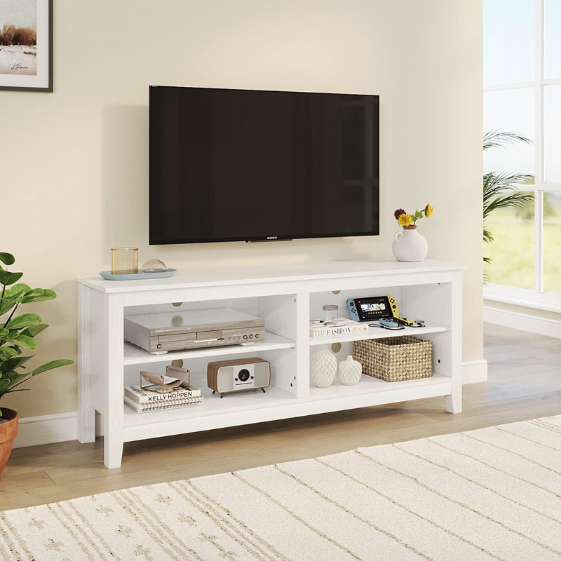 Meuble télé classique à 4 casiers pour téléviseur de 60 po ou moins, centre de divertissement blanc pour le salon ou la chambre à coucher
