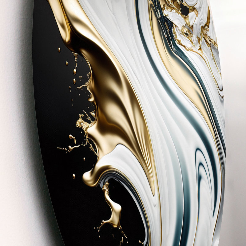 Géode abstraite, vagues de marbre blanc I - art mural rond abstrait sur métal, L 16 po x H 16 po
