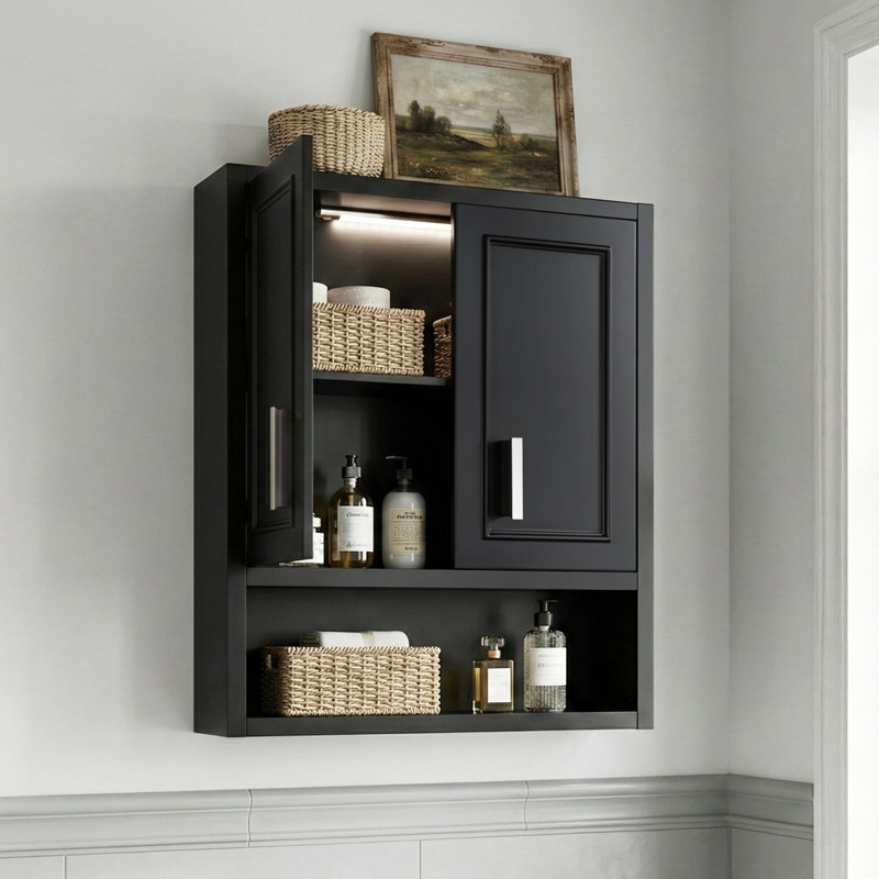 Modern Shaker Bathroom Wall Cabinet With 12" Motion Sensor Led Light & Dtc Soft-close Hinges, 0.7" Extra Thick Over The Toilet Storage Cabinet, Medicine Cabinet With Adjustable Shelf & Open Storage, Matte Black
