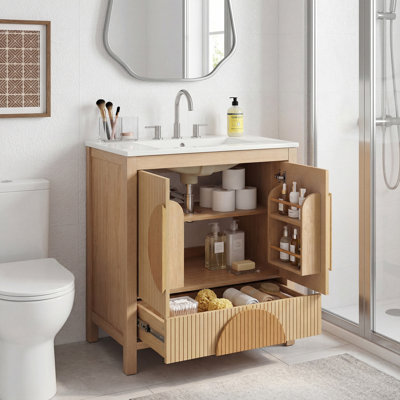 Meuble-lavabo de salle de bain cannelé 30 po avec lavabo - armoire moderne autoportante en bois avec portes à fermeture douce, 1 tiroir et rangement ouvert