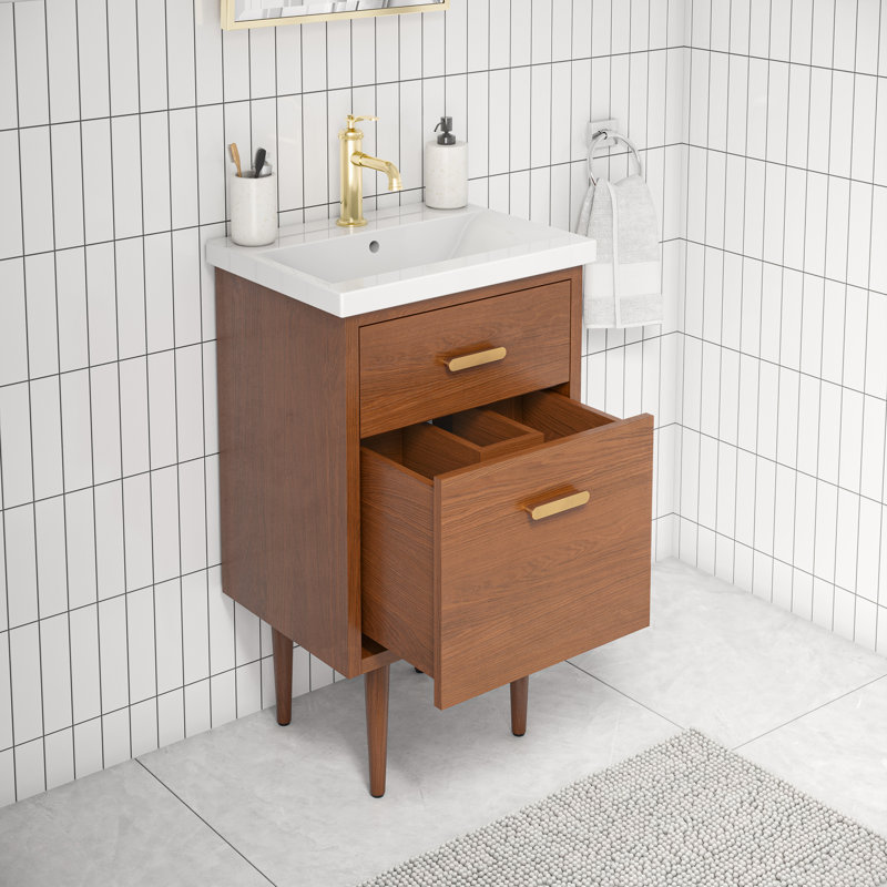 Coiffeuse Brandy en noyer miel avec robinet simple or satiné, 20"