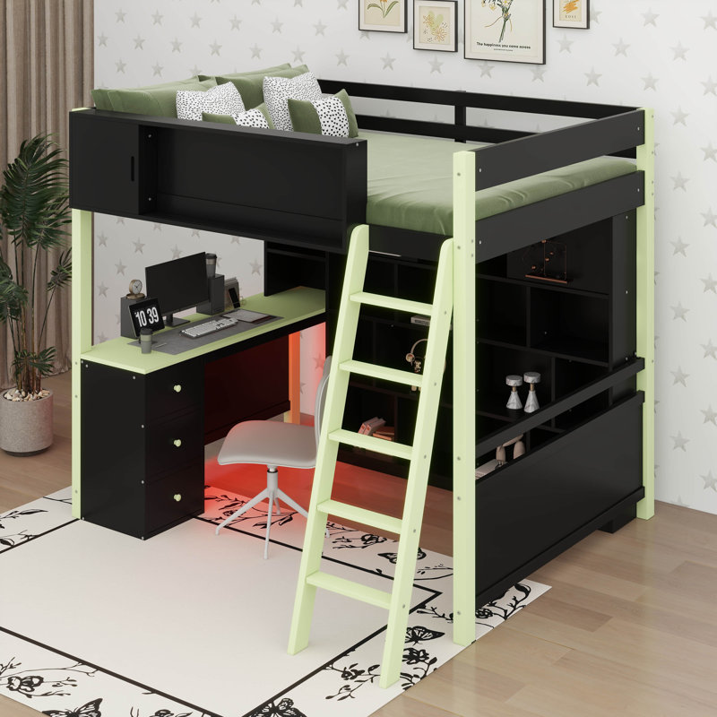 Lit mezzanine double en bois avec bureau et tiroirs, lit mezzanine pour jouer avec espace de rangement et lumière, Vert