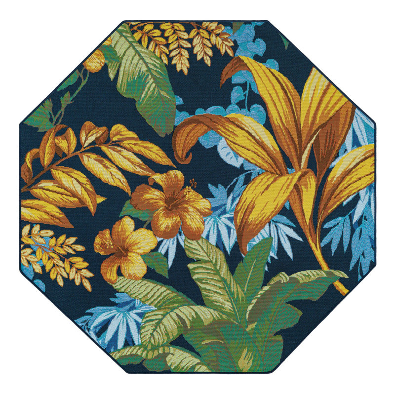 Brett Floral Blue/Yellow Indoor / Outdoor Area Rug, Octagon 4'1" x 4'1"