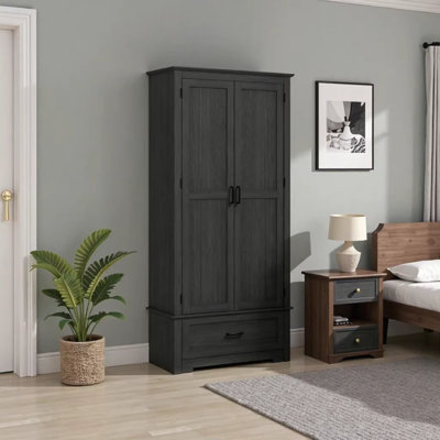 Grand garde-manger de style nordique avec portes, tiroir et tablettes réglables - Armoire de rangement en grain de bois noir pour l'organisation à la maison