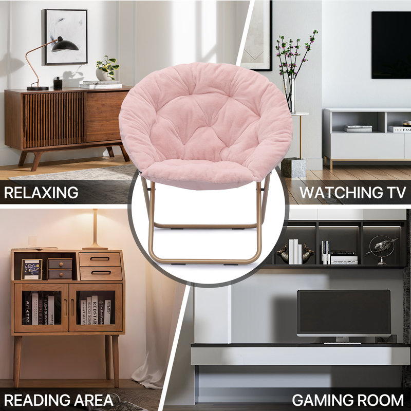 Pink Faux Fur Foldable Metal Frame Papasan Accent Chair