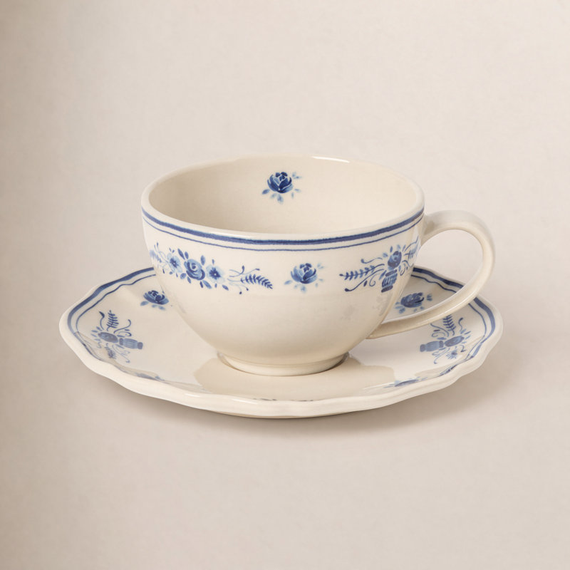 Vila Tea Cups And Saucers, Beige/Blue