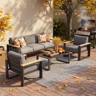 Ensembles de mobilier de patio en aluminium avec sièges surdimensionnés, ensemble de mobilier d'extérieur pour toutes les saisons, ensembles de conversation d'extérieur avec accoudoirs en bois doux au toucher