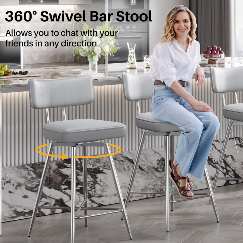 Light Gray Leather Swivel Counter Stools with Silver Metal Frame