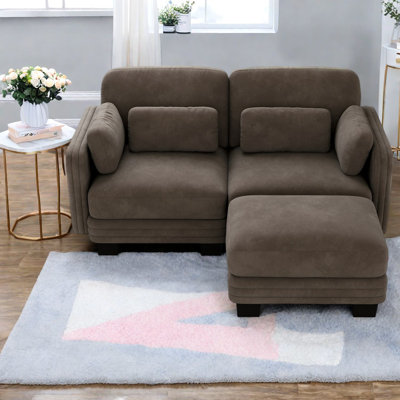 Canapé d'angle moderne deux places, chenille marron, pouf amovible, salon