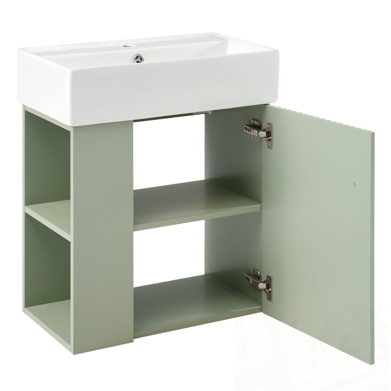 Meuble-lavabo flottant avec lavabo en céramique et rangement à gauche, Vert