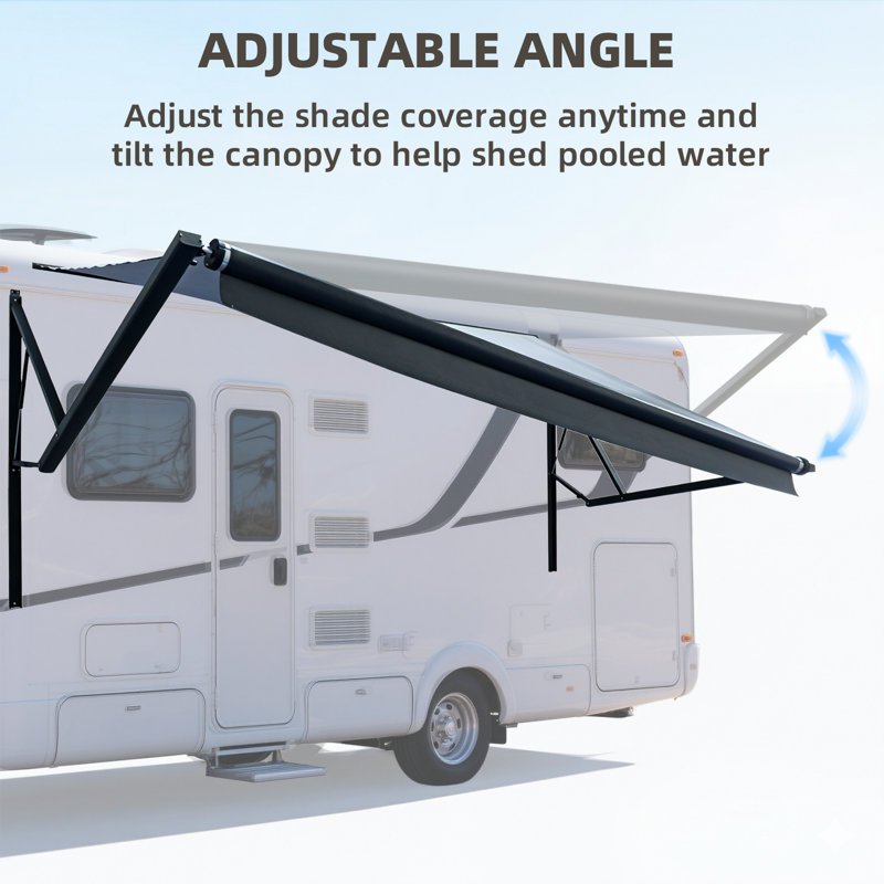 Retractable Rv/Patio Awning, Heavy Duty Weatherproof Canopy With Lights, One-Touch Swich, Black, Black
