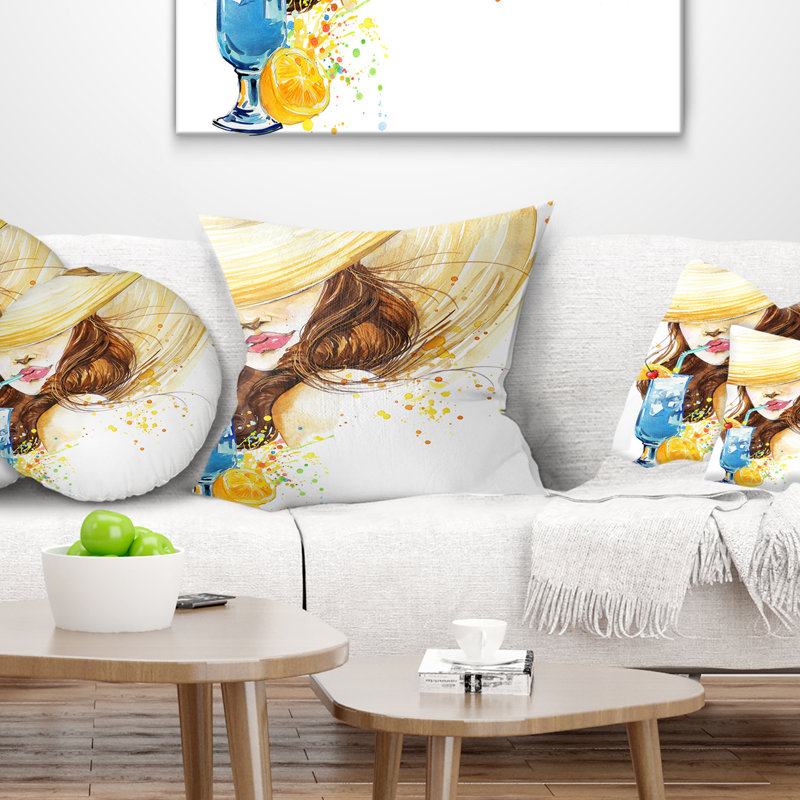 Femme avec cocktail de fruits - coussin imprimé abstrait, Carré, 18 po x 18 po