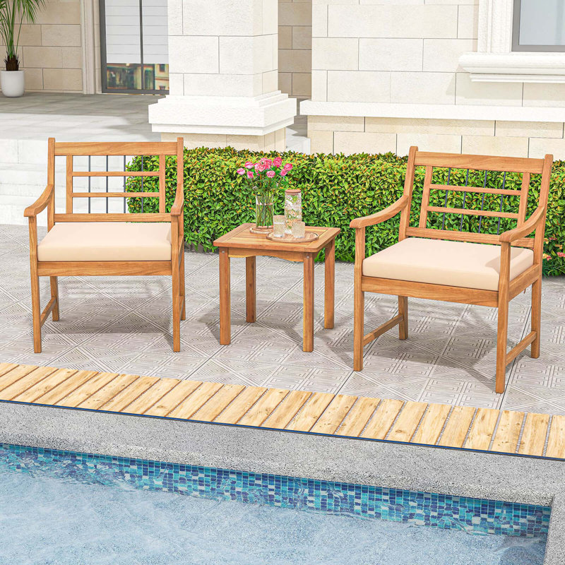 Ensemble de chaises bistro d'extérieur en bois d'acacia avec table basse et porche 3 pièces , Blanc cassé