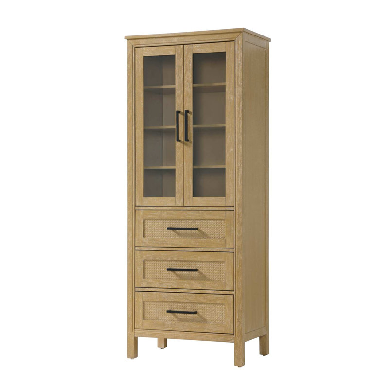 28 Inch Bath Storage Glass Cabinet in Linen Oak, 72" H x 28" W x 72" D, Linen Oak