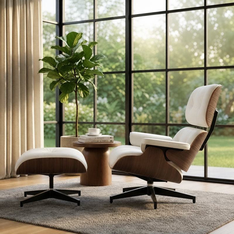 Swivel Lounge Chair With Ottoman, White/Brown Wood