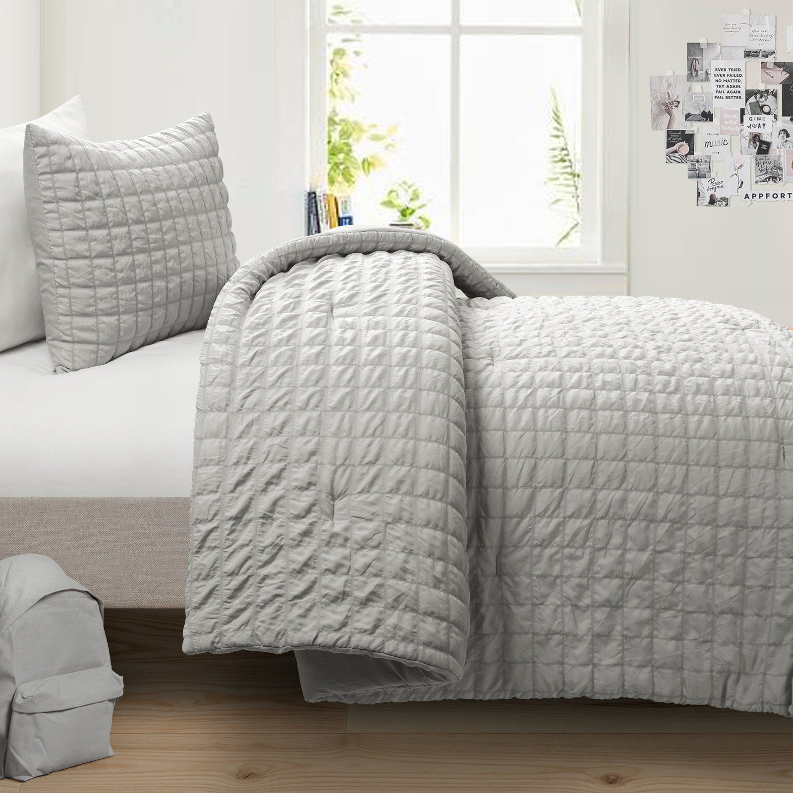 Crinkle Comforter Set, Light Gray, Twin Extra Long