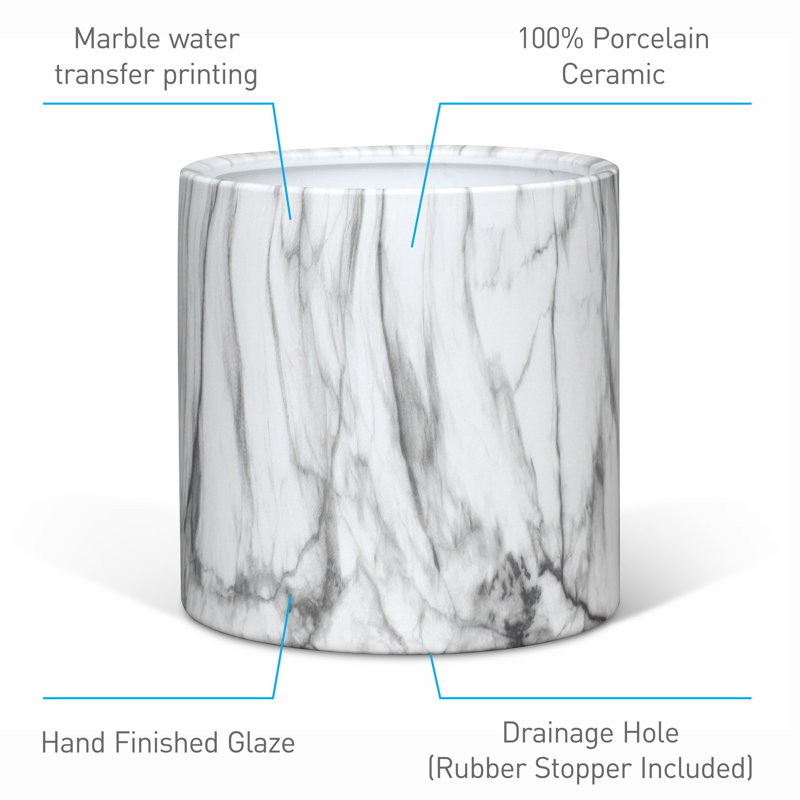 Higold - 10 Inch Ceramic Plant Pot With Marble White Texture, Modern Cylinder Garden Pot, Plant Container, Indoor/outdoor Using, Great Home Decoration, Gift For Birthday, Housewarming