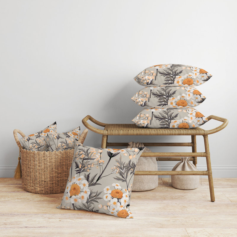 Coussin Millefolium, H 16 po x l 16 po, Orange et gris