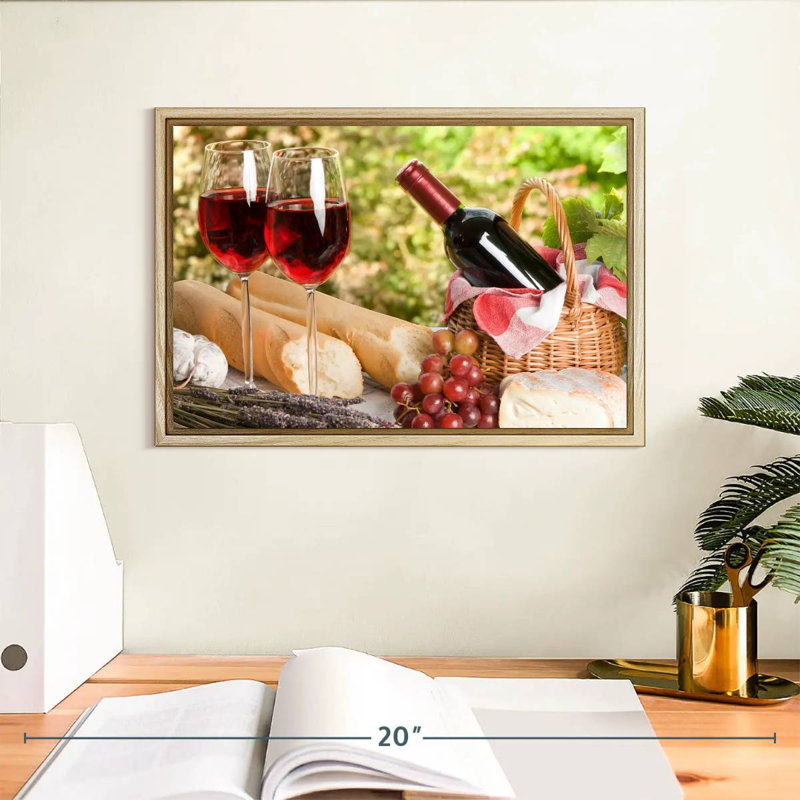 Pique-nique au vin rouge, Cadre flottant en bois naturel, 37 po x 25 po