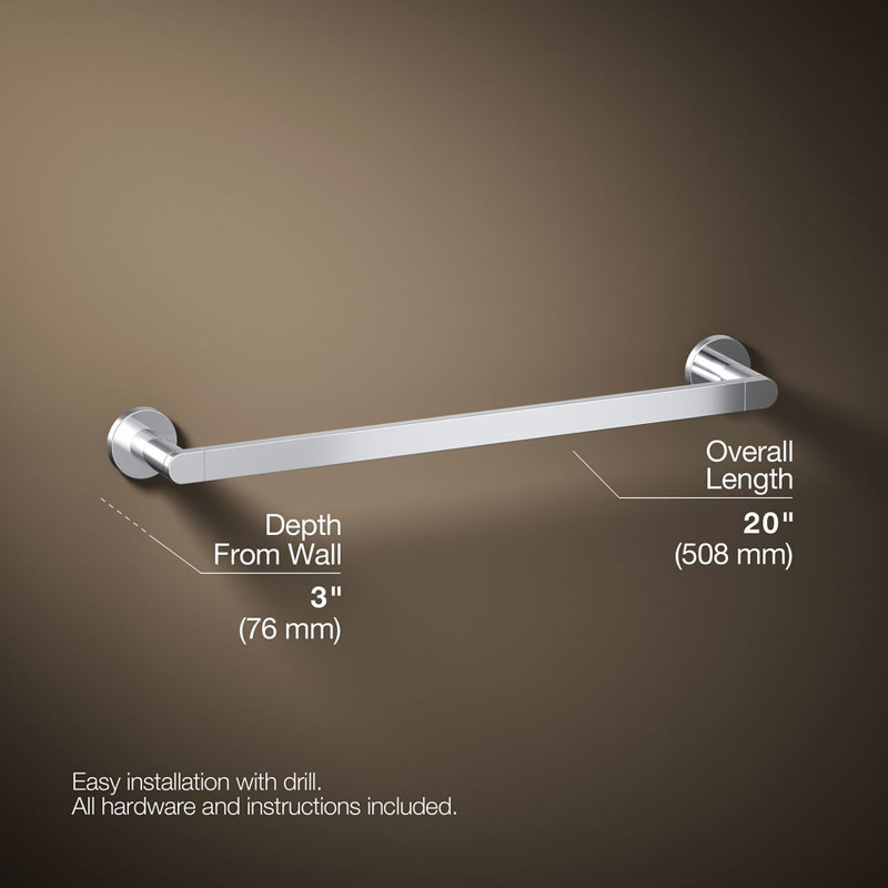 18" Wall Mounted Towel Bar, Polished Chrome, 18"W