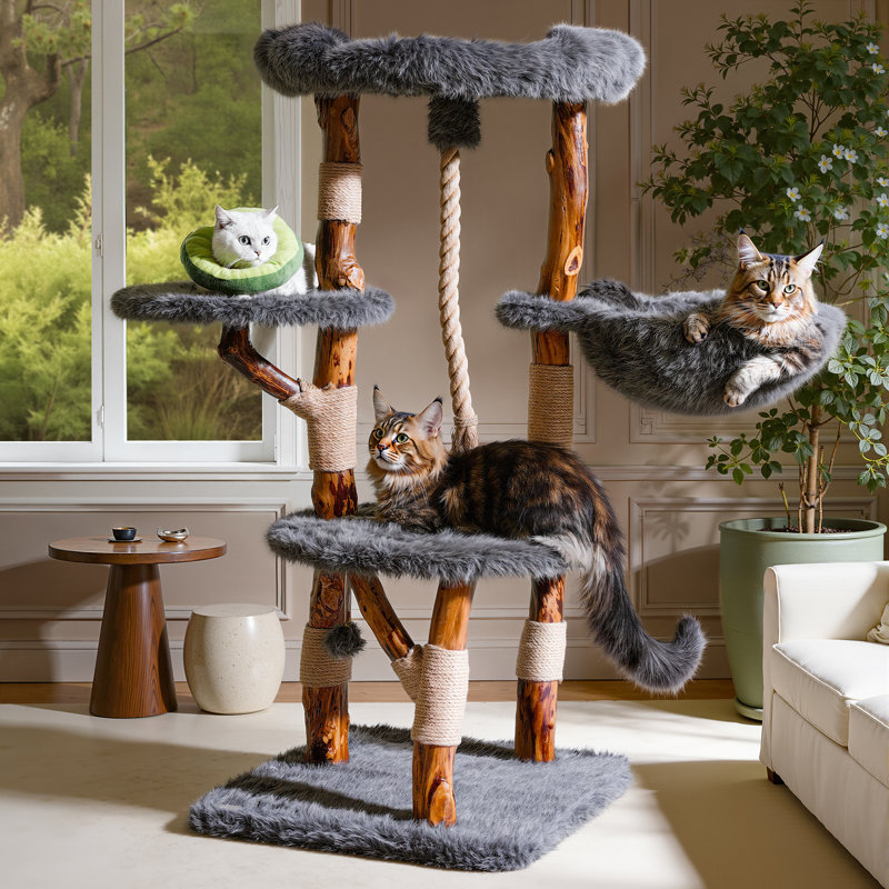 Artisan Solid Wood Branch Cat Tree for Large Maine Coons & Multi-Cat Homes, 56"H, Gray