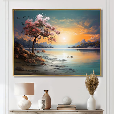 Fleur de cerisier au coucher du soleil sur le lac - salon d'art mural plage et océan