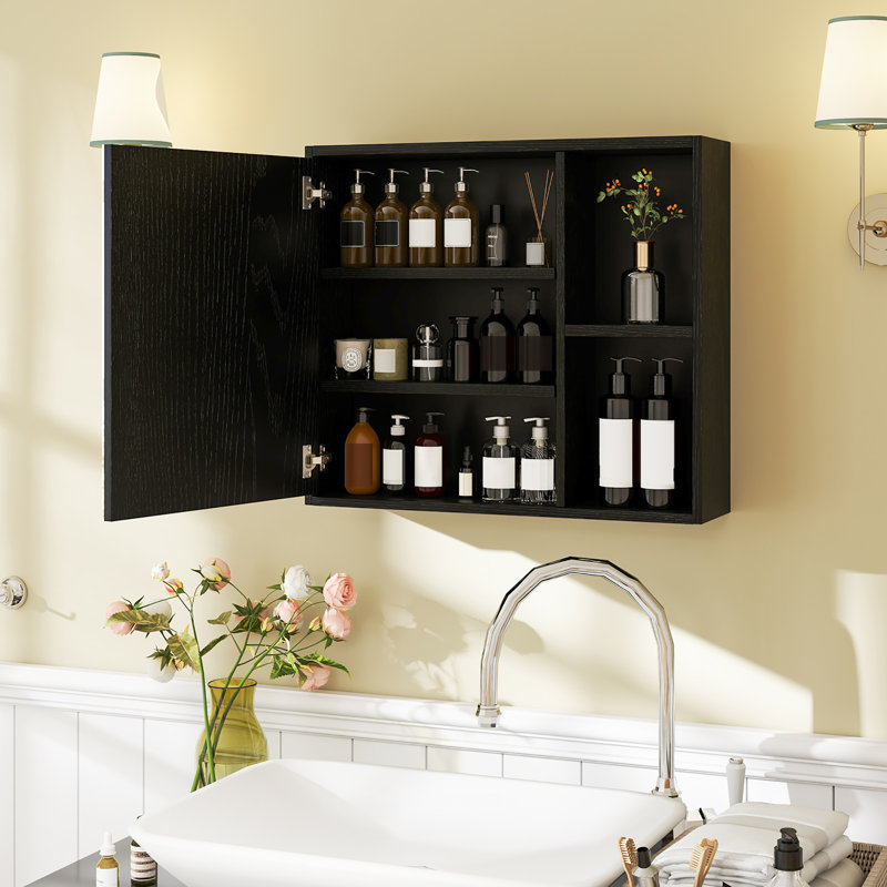 Rangement mural pour armoire à pharmacie de salle de bain avec porte miroir simple, Noir, noir, noir, noir