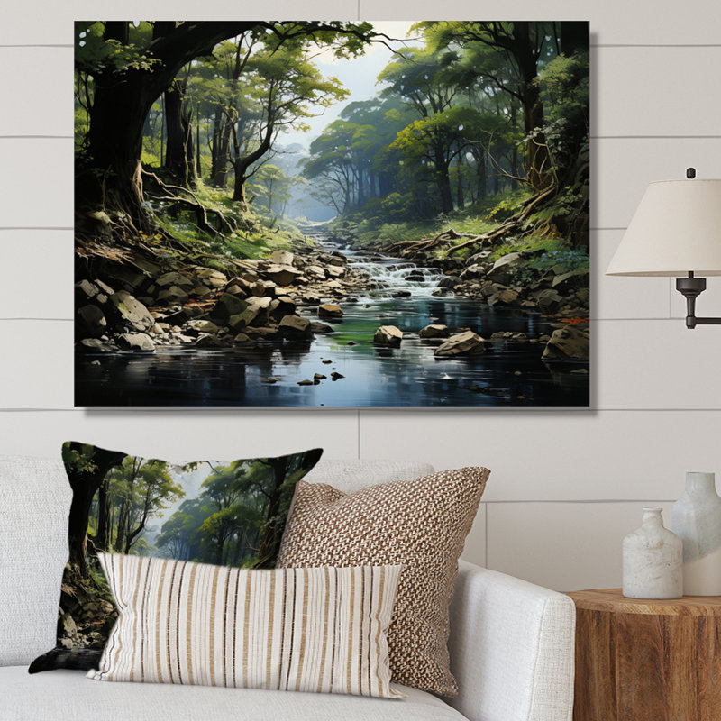 «Gentle River Through Country Charm Forest», art mural forêt fluviale, Toile tendue, H 28 po x l 60 po x P 1,5 po