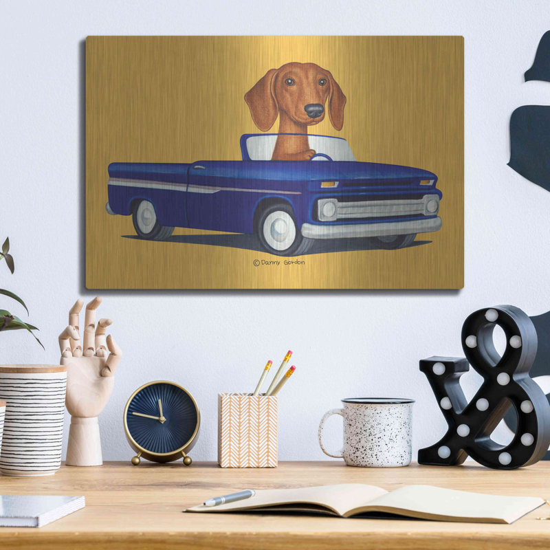 Art mural en métal Trinx «Brown Dachshund Blue Truck» par Danny Gordon, H 12 po x l 16 po