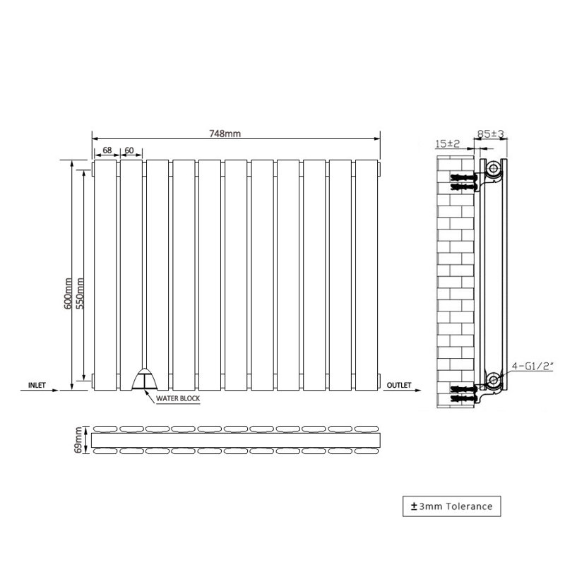 Shonda Horizontal Double Flat Panel Radiator, Normal Black, 60cm H x 74.8cm W