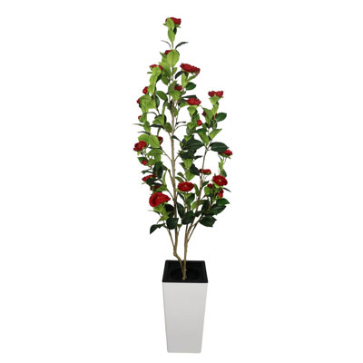 Hévéa artificiel de 6 pi avec pot à fleurs blanc, arbres artificiels pour faux plancher d'intérieur avec beaucoup de fleurs rouges, fausses plantes tropicales, arbre à caoutchouc véritable pour la décoration de bureau personnel