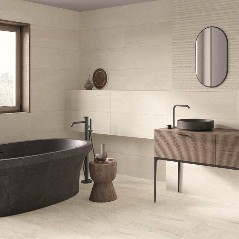 Crete 12'' x 40'' Ceramic Stone Look Wall Tile, Blanco