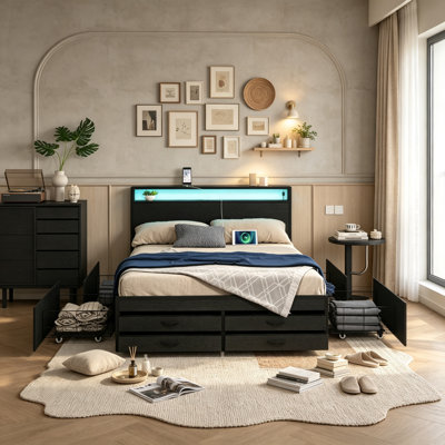 Metal Platform Bed Frame with Storage Headboard and Footboard for Kids Teens, Modern Industrial Bed Frame with Charging Station and 8 Drawers & LED lights, Full Size, Black