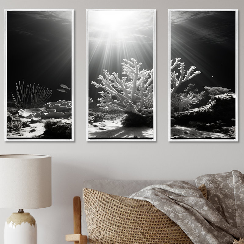 Ensemble de salon noir et blanc Coral Artistic Ocean Ballet I - Coastal Coral Under Water, Cadre flottant blanc