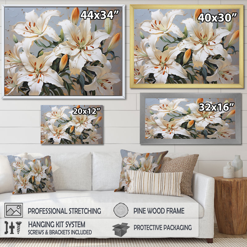 «Beige Lilies Simple Tranquility» sur impression sur toile, Cadre flottant noir, H 16 po x l 32 po x P 1 po