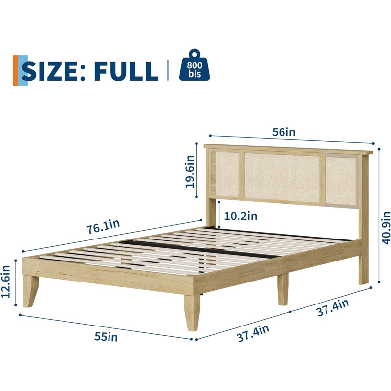Structure de grand lit avec tête de lit en rotin naturel, style bohème avec 4 tiroirs de rangement, support en métal, aucun sommier nécessaire