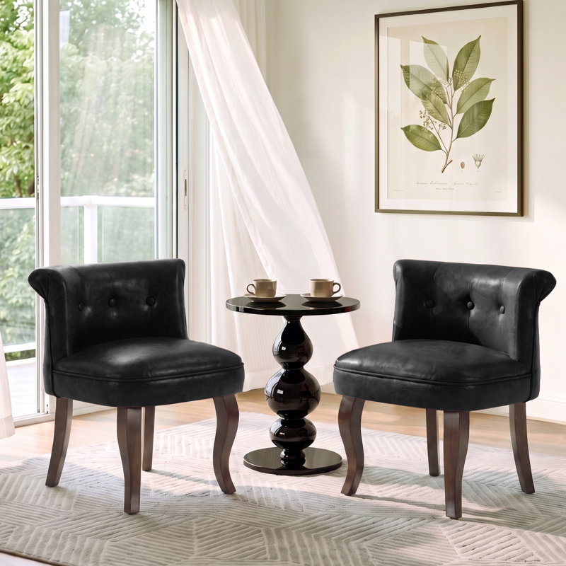 Chaise de coiffeuse capitonnée en cuir avec pieds en bois massif, Black Leather