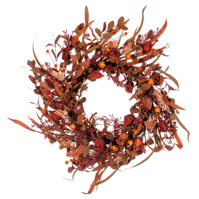 22'' Autumn Orange Artificial Leaf and Berry Wreath