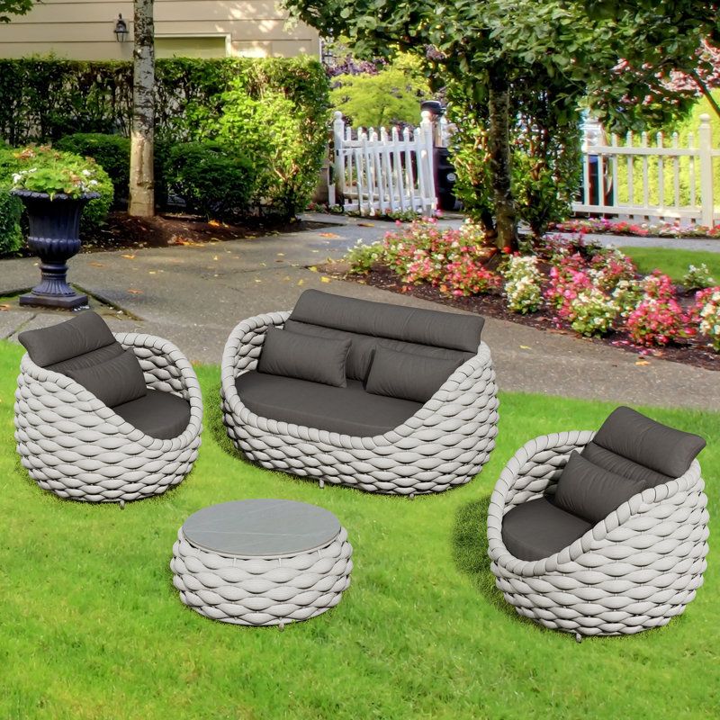 Polyester Rope 4-piece Patio Conversation Sofa Set, Light Gray